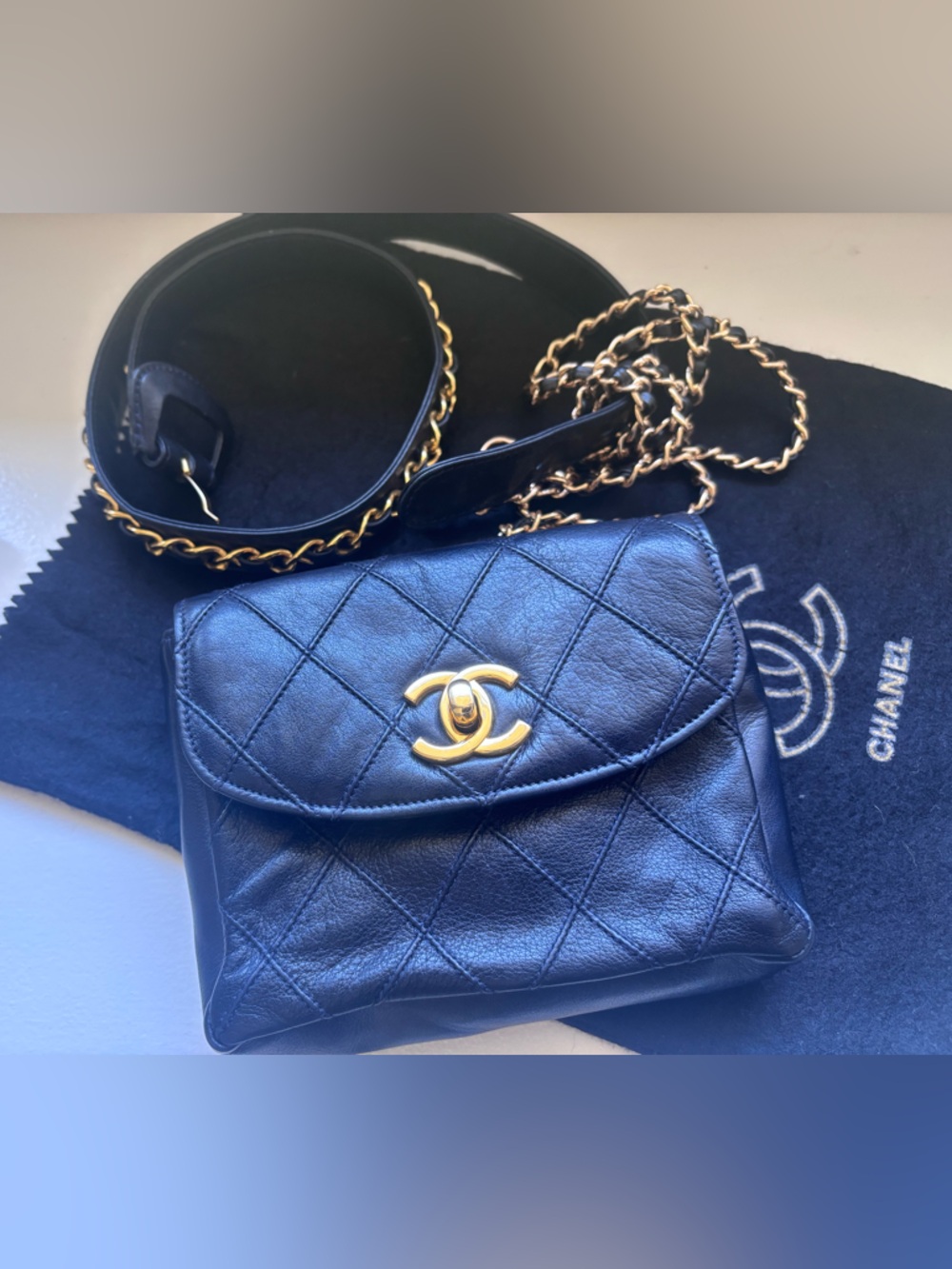 COA CHANEL Navy Quilted Lambskin Waist Bag Bumbag with Gold Plated Hardware 29”